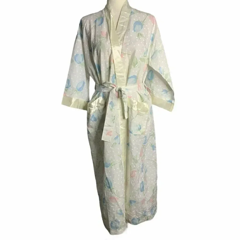 Vintage Long Floral Belted Robe S White Polka Dots